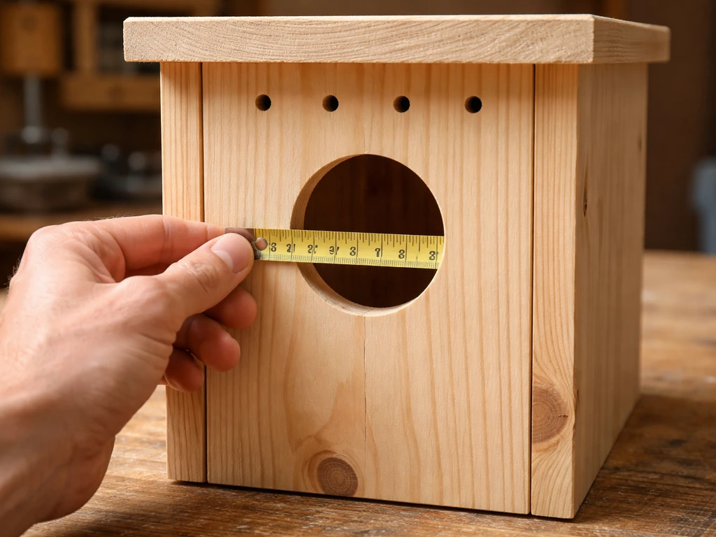 Closeup of a nest box front panel with a measuring tape set to the entrance hole diameter and ventilation gaps.