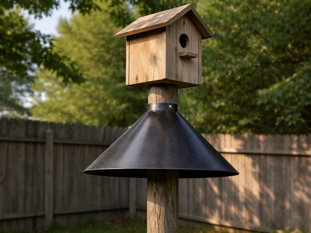 Bird house on a pole with a predator baffle visible beneath to block climbing animals