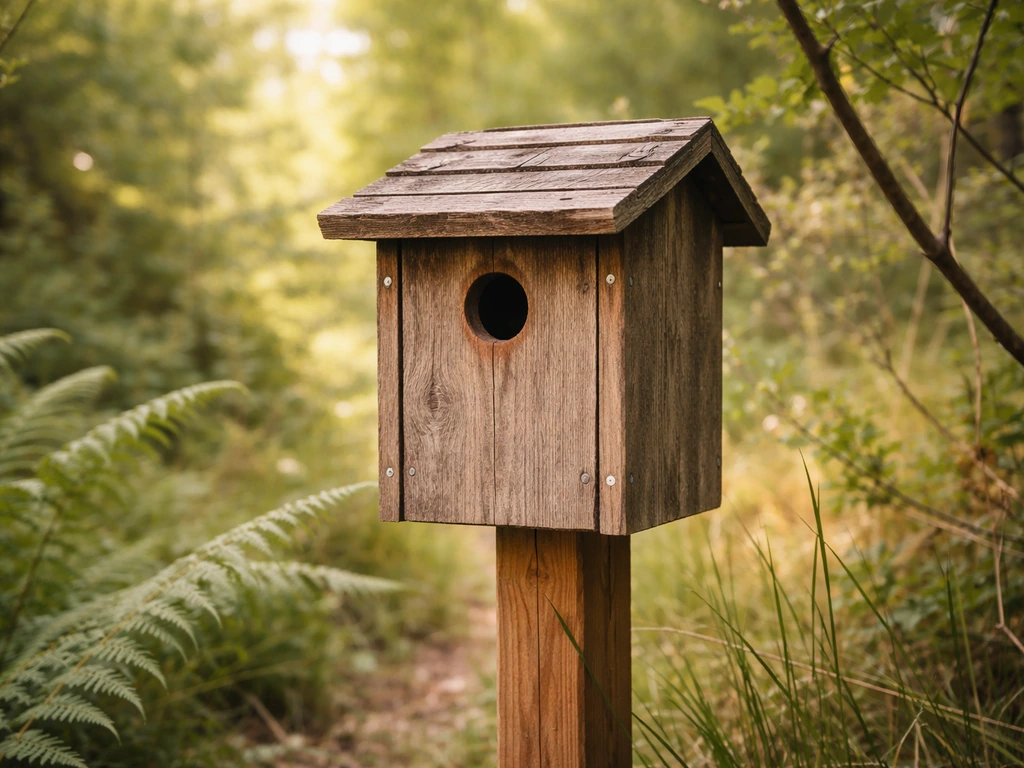 Close view of a well-built cavity birdhouse on a post in native plants outdoors, entrance facing camera.