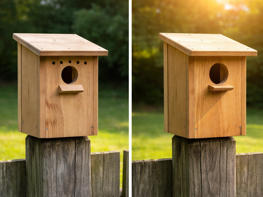 Two side-by-side birdhouses on a fence: left well-ventilated and shaded, right poorly vented and sun-facing.