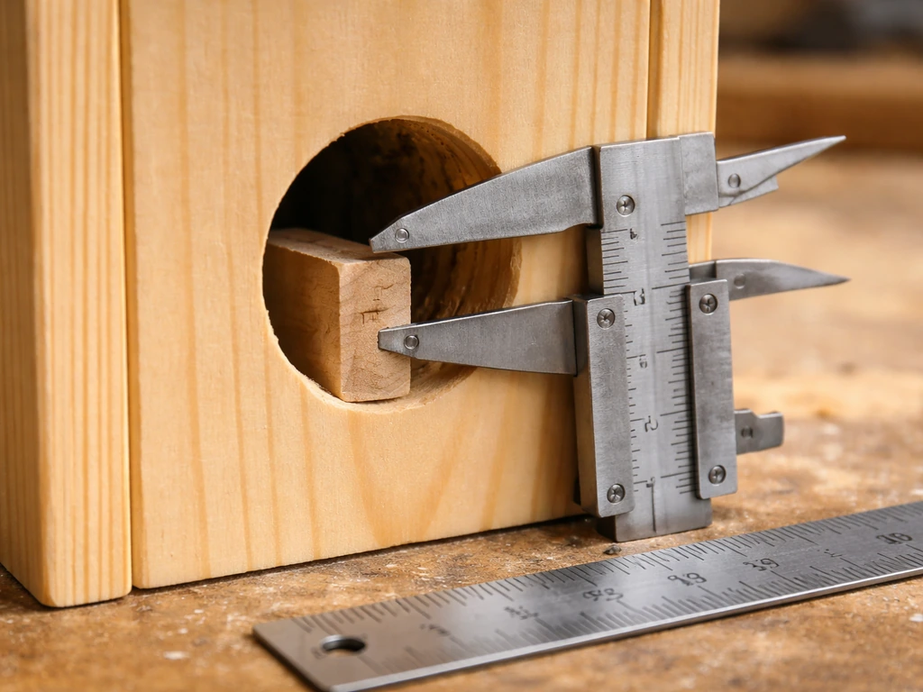 Calipers and ruler measure a nest box entrance hole diameter on a wooden workbench.