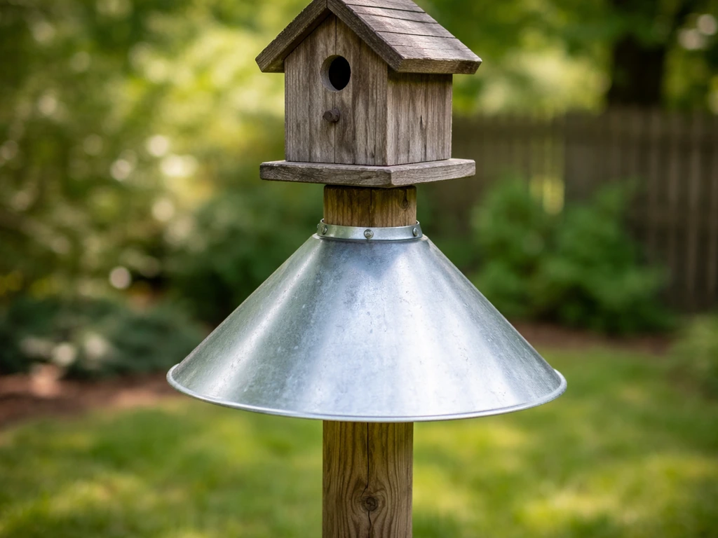 Close-up of a birdhouse mount with a metal cone baffle installed to deter climbing predators.