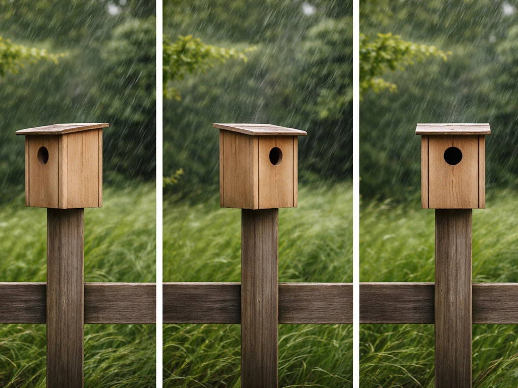 Three side-by-side views of the same birdhouse facing different directions with rain and wind cues.