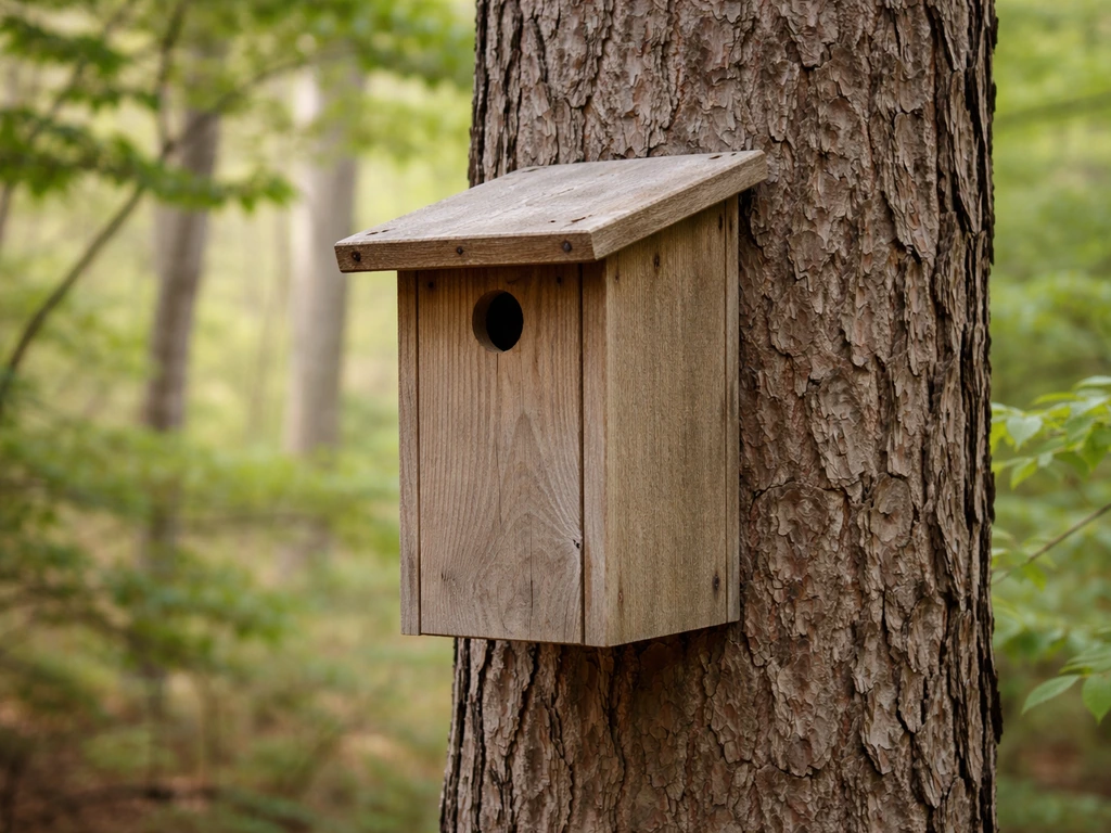 Eastern bluebird nest box mounted on a tree with entrance hole facing away from wind, natural forest background.