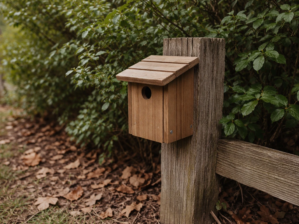 A wooden wren nest box on a fence post, sheltered by nearby shrubs from wind and rain.