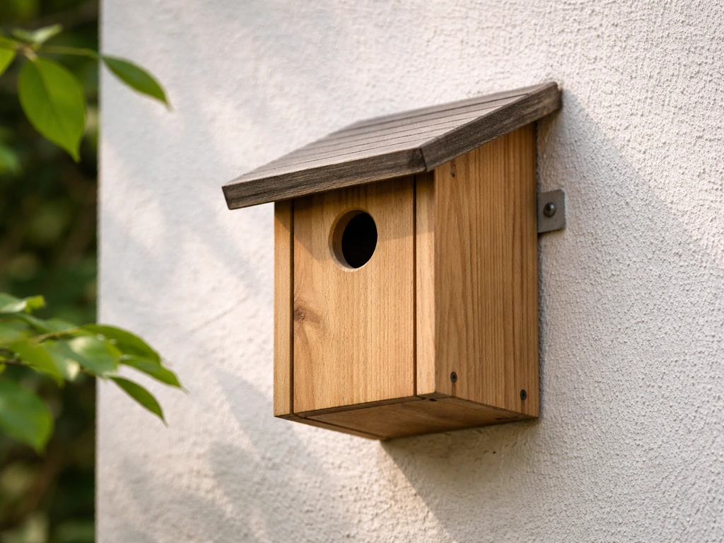 Close-up of a mounted bird nest box showing its angled entrance and overhang above a wall.