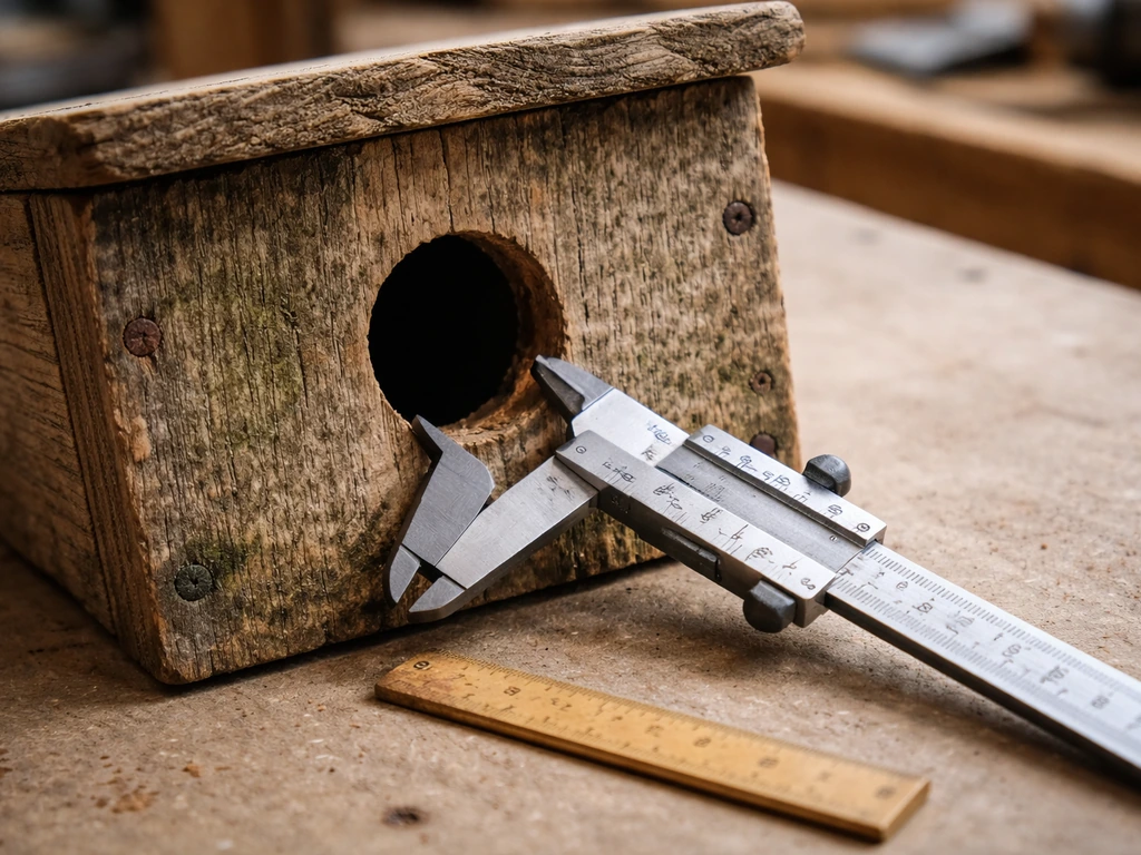 Close-up of a birdhouse with a measured entrance hole using calipers and a simple ruler