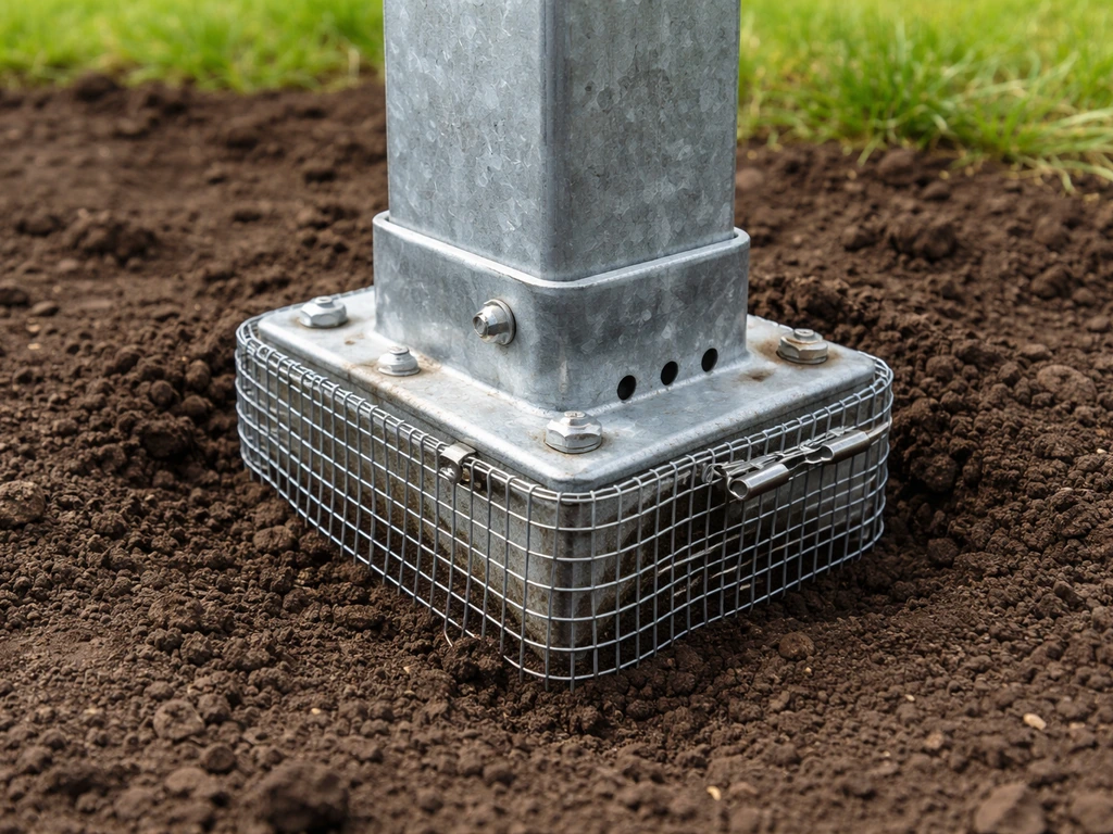 Close-up of a galvanized post sunk in soil with drainage holes and predator-proof hardware cloth visible.