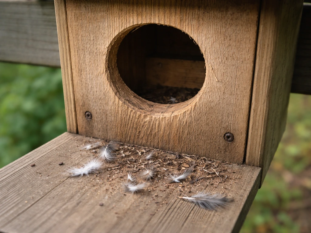 Close-up of a nesting box entrance with scratch marks, feathers on ground, and baffle area visible.