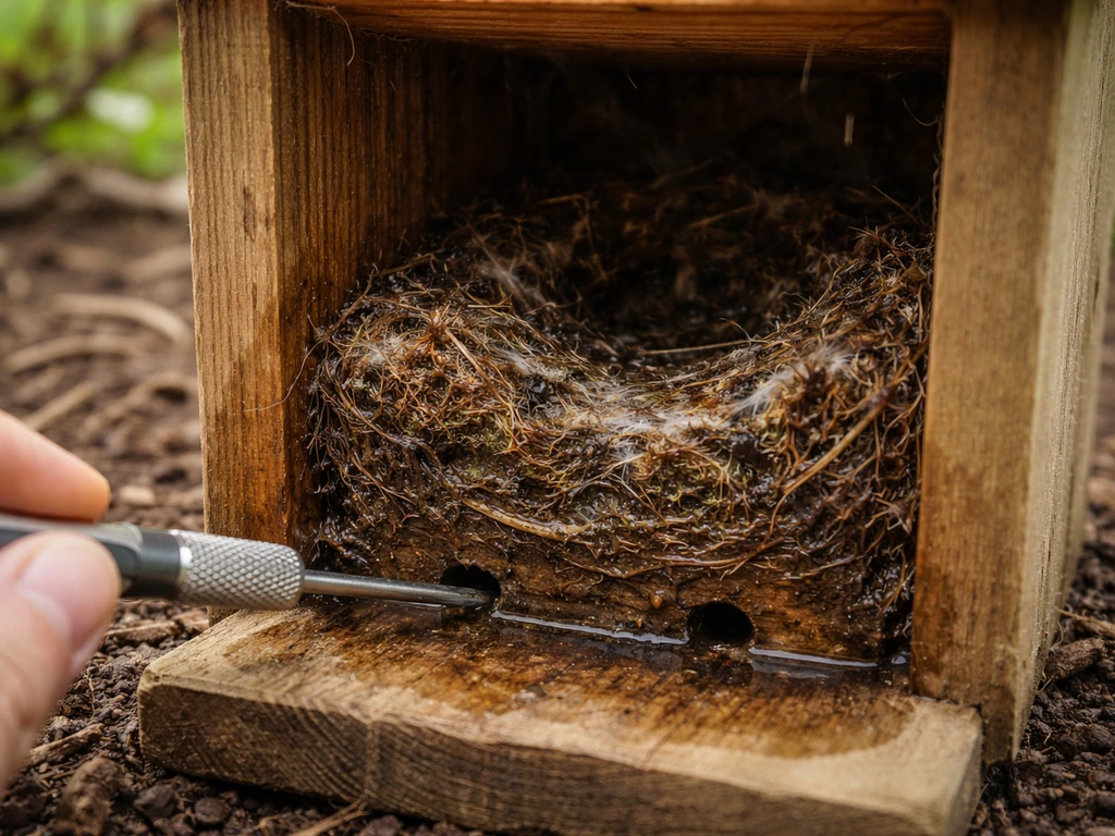 Small wet birdhouse nest with mites near drainage holes, cleared using a small tool