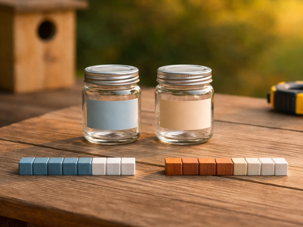Minimal outdoor porch scene with two jar-and-colored-block rows suggesting different nest removal windows.