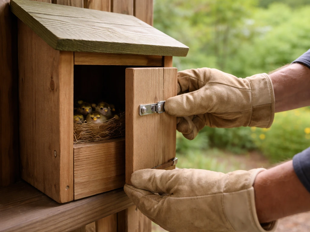 Gloved person gently closing an active nesting box while stepping back as chicks are visible.