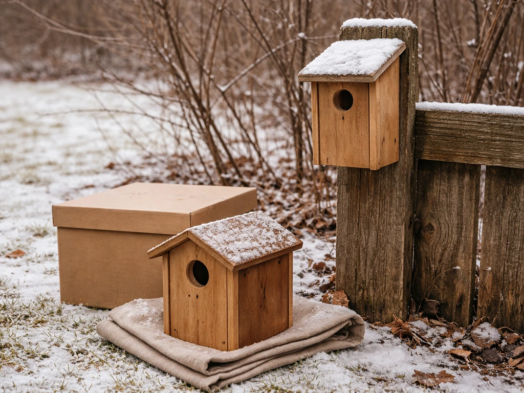 Two outdoor bird nest boxes: one left up in winter snow, the other taken down and stored nearby.