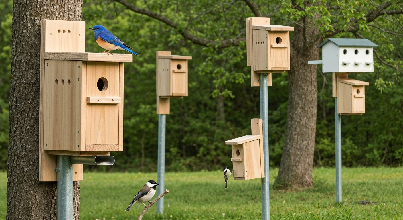 Backyard with several well-designed wooden bird houses showing ventilation holes, roof overhangs, a predator baffle, and birds using the boxes.