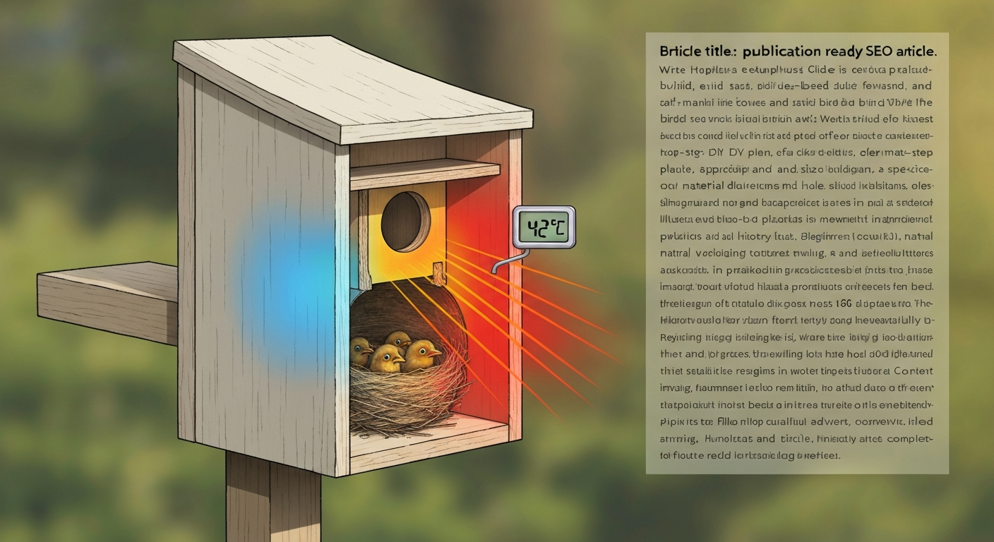 Cutaway educational illustration of a sun-heated bird house on a pole with an interior heat map and a thermometer reading 42°C.
