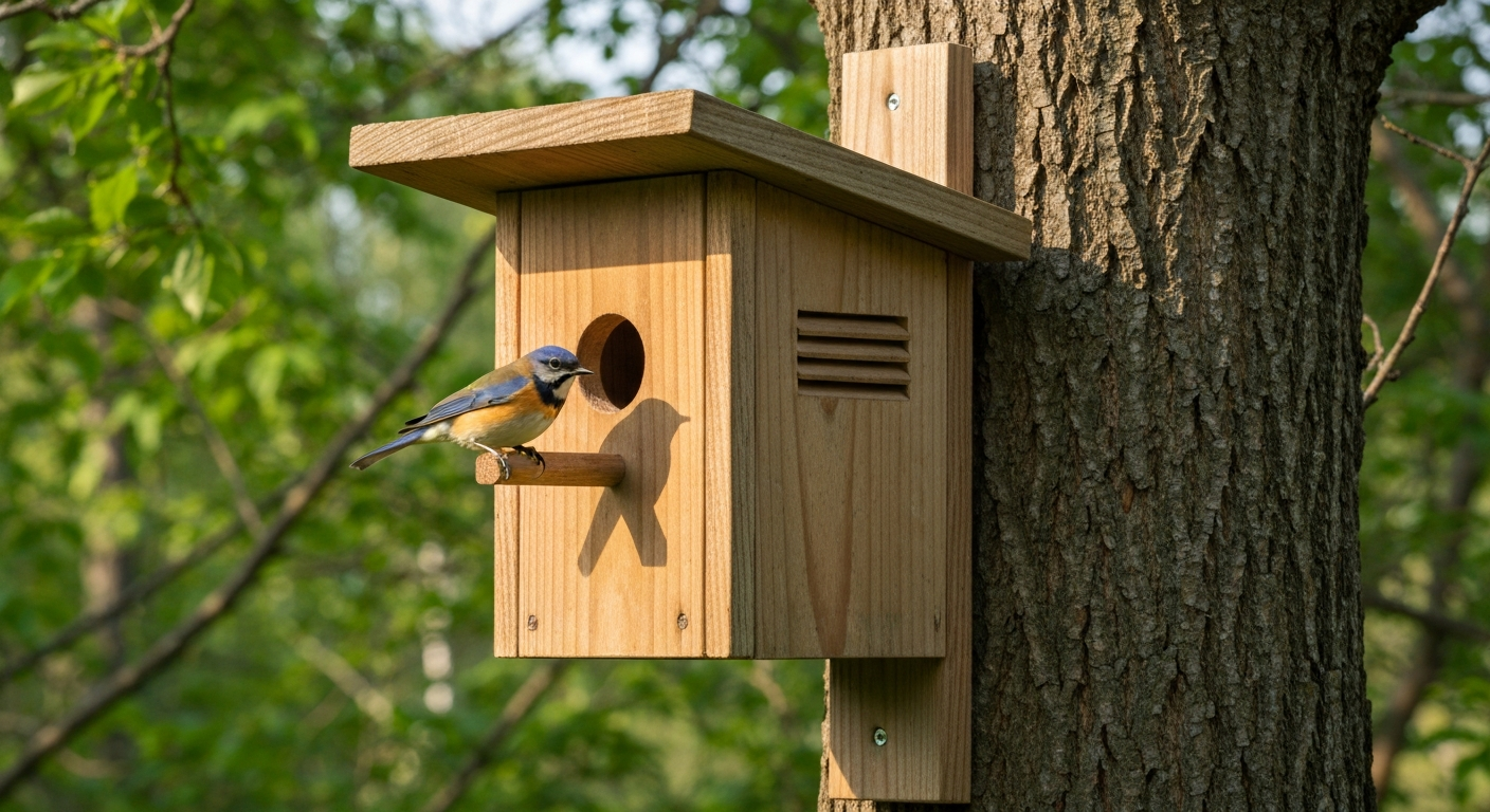 Classic wooden nest box mounted on a tree with a small songbird perched at the entrance.