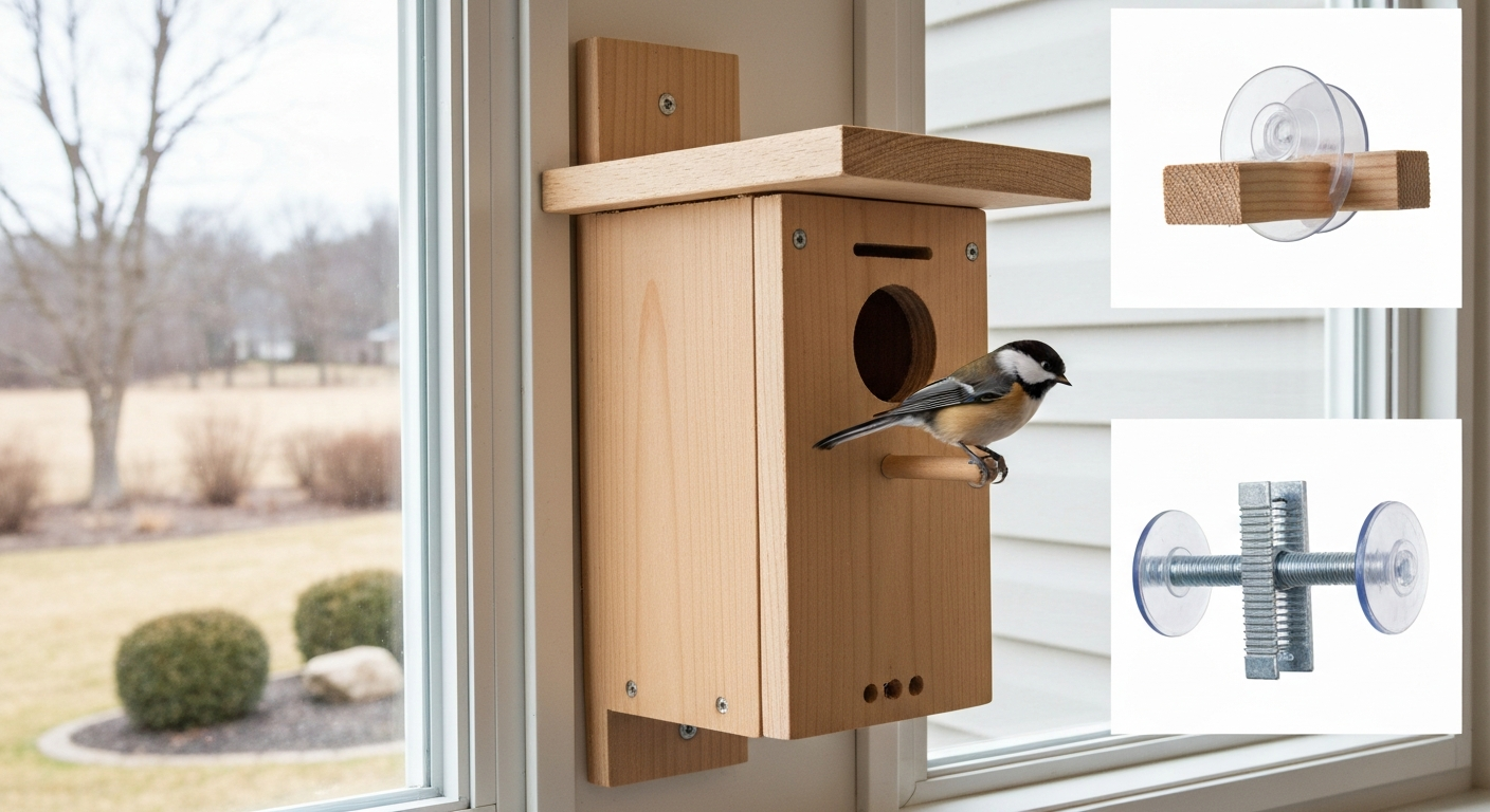 Cedar window bird house mounted on a house window with a small songbird at the entrance, showing suction-cup and bracket mounting options and ventilation/drainage features.