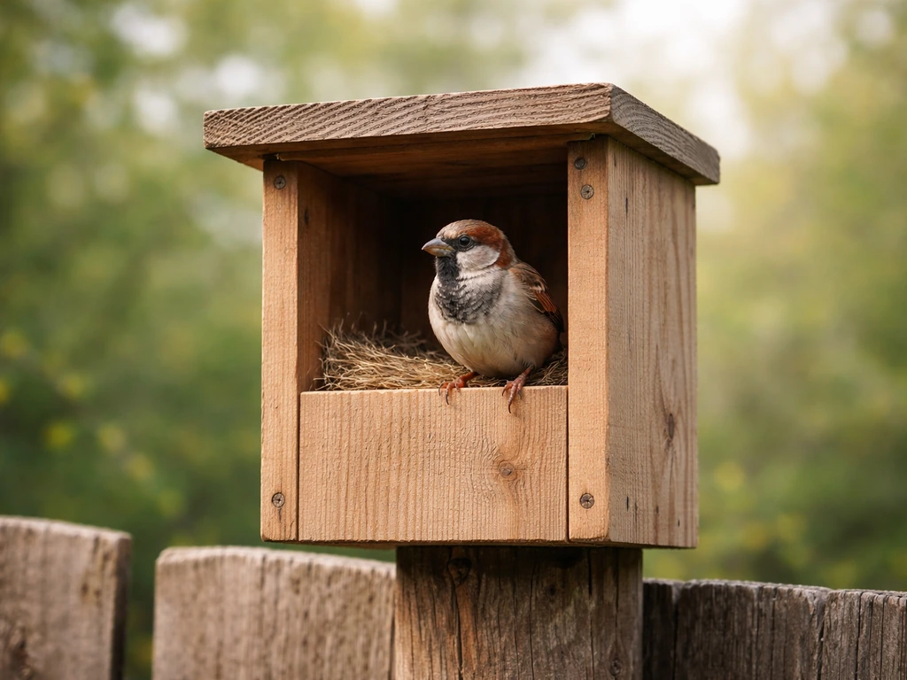A small sparrow perched at the entrance of an open wooden birdhouse in a natural outdoor setting.