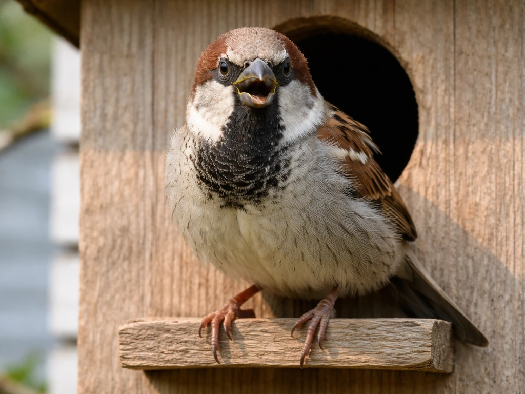 Male house sparrow perched by a nest box entrance, beak slightly open as if chirping.
