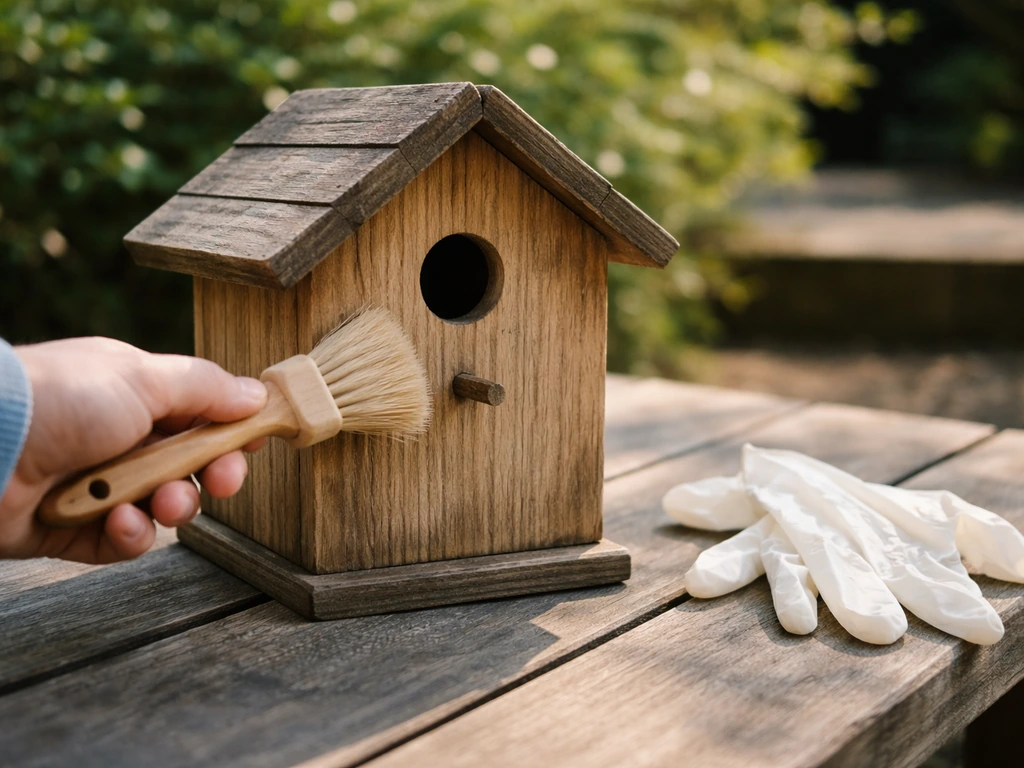 Wooden birdhouse being cleaned outdoors with gloves and a soft brush, no bird visible.