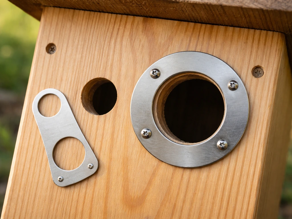Close-up of a birdhouse entrance plate with two hole sizes and a baffle component on wood