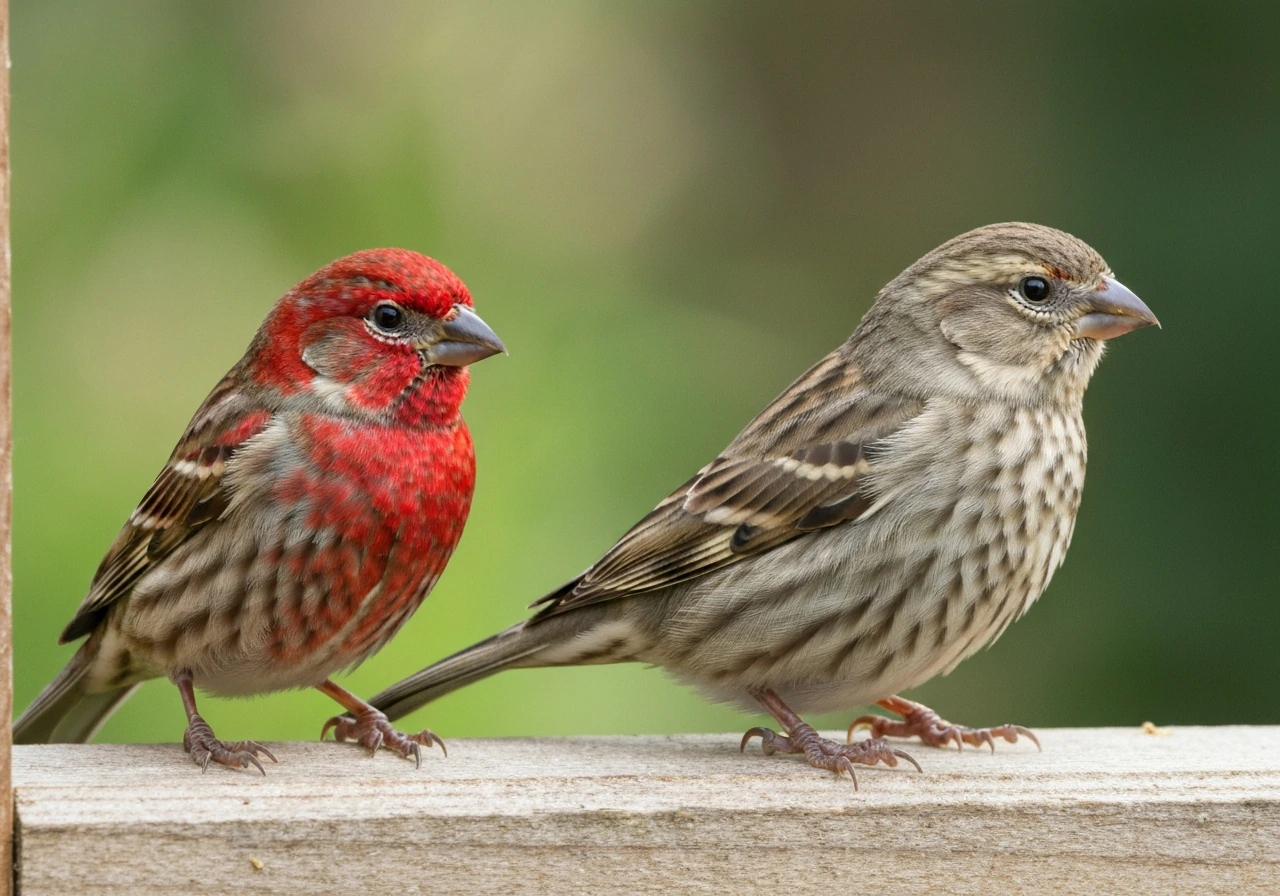 Male red house finch and female gray-brown house finch perched side-by-side on a wooden feeder.