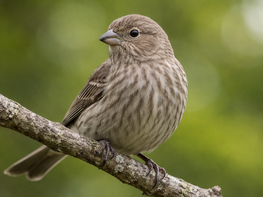 Close-up of a female house finch perched, gray-brown upperparts with pale belly streaks and faint wing bars.
