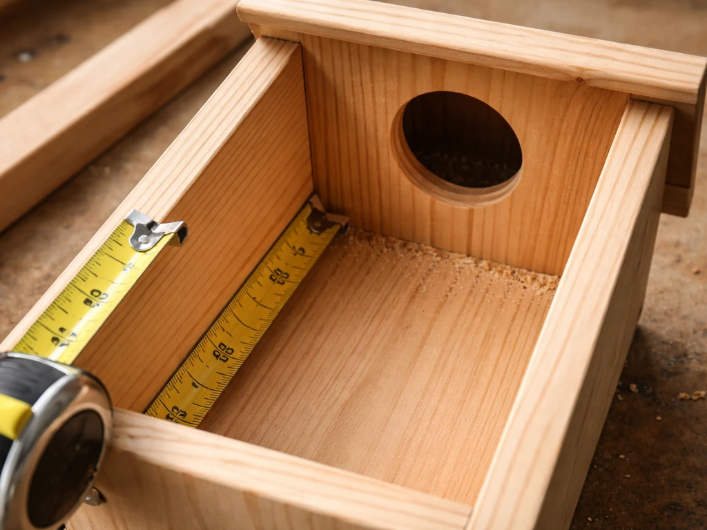 Close-up of a small wooden birdhouse with an open entrance hole and interior floor measured with a tape.
