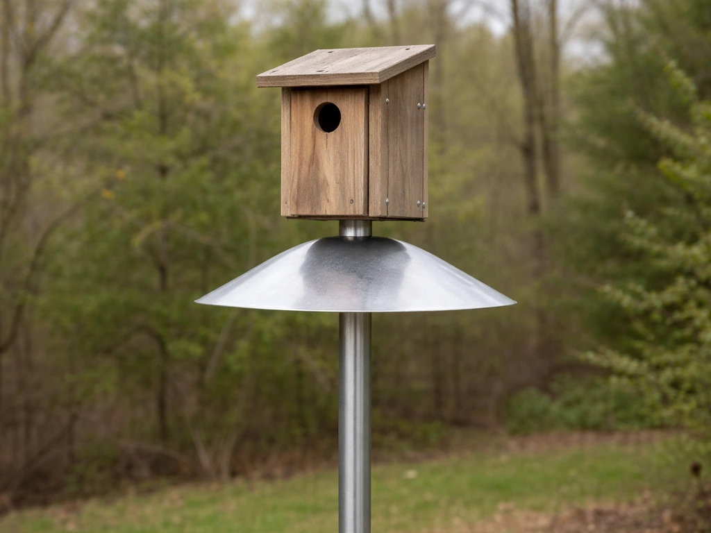 Finch nest box mounted on a smooth metal pole with a predator baffle and no perch below the entrance.