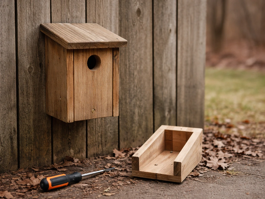 Outdoor nest box on a fence, with tools nearby and showing it ready to be detached.