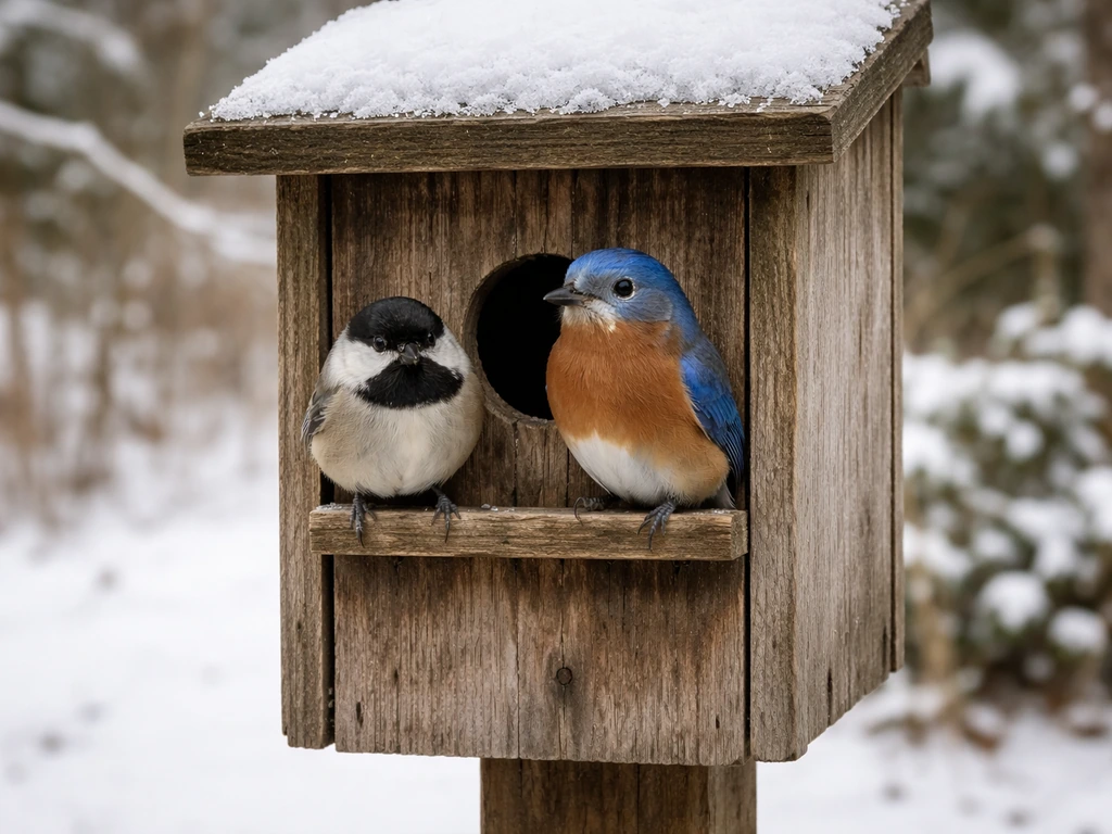 Two small songbirds perched at a wooden nesting box entrance in snowy winter light