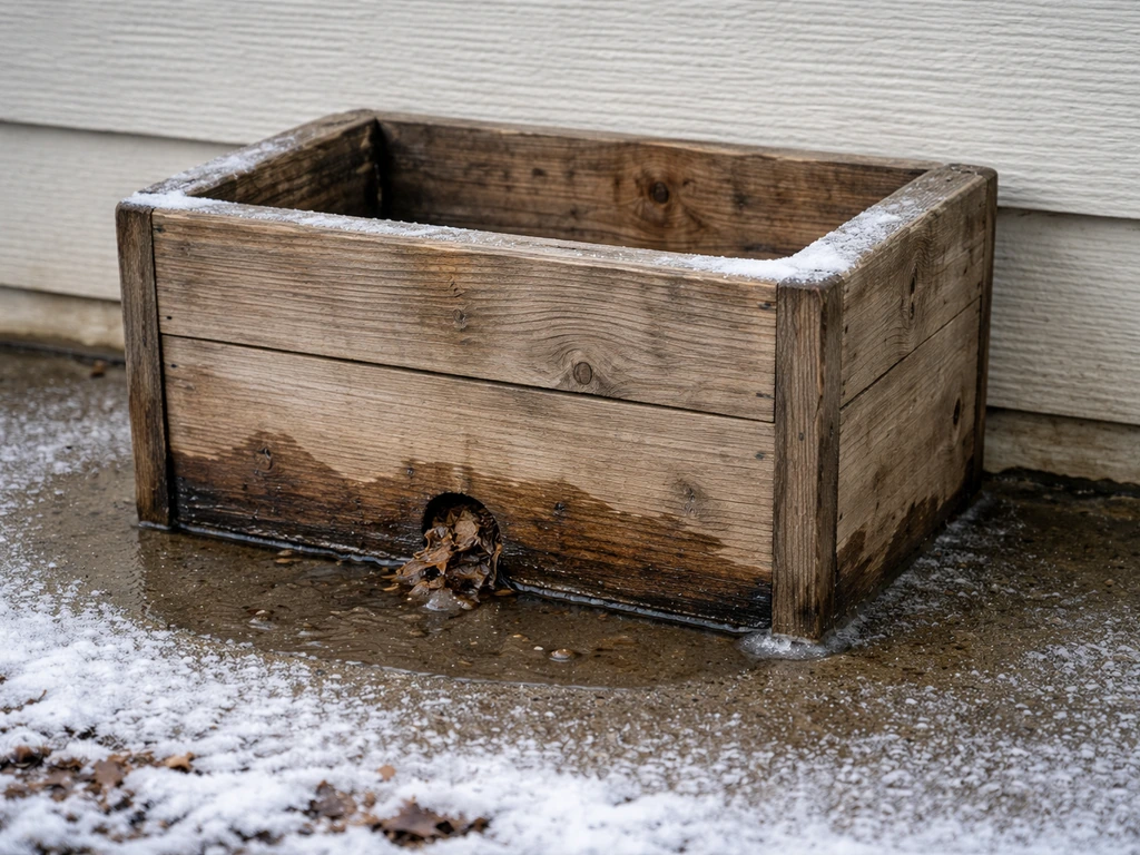 Close view of a clogged wooden box drainage hole with pooled water and small ice buildup around it.