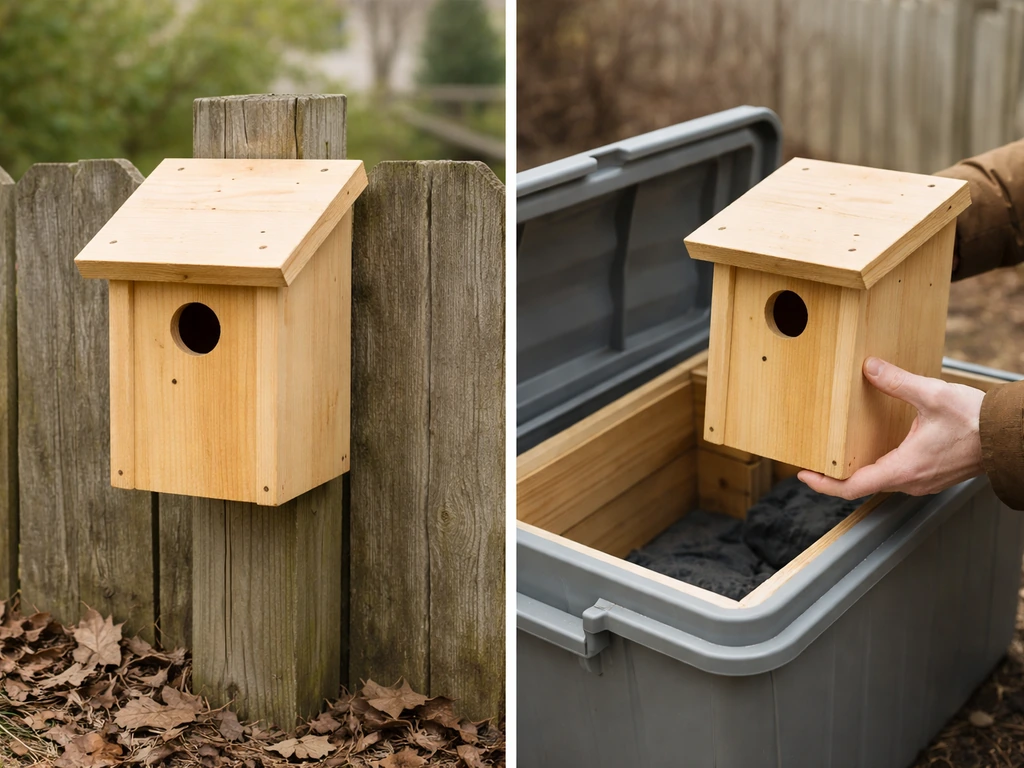 Split view of two birdhouse boxes: one cleaned and left up, the other being taken down and stored for winter.