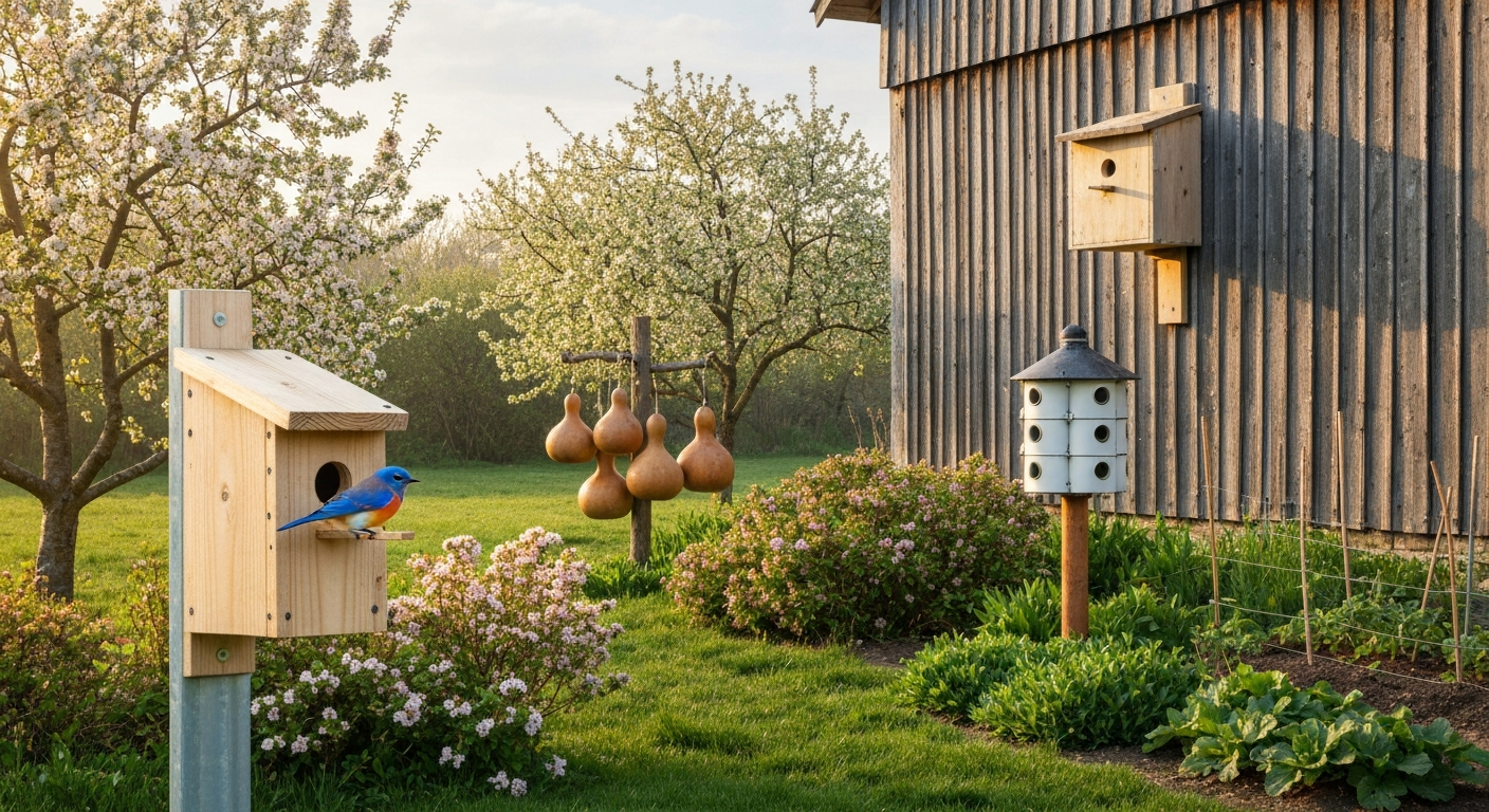 Spring backyard with multiple bird houses (bluebird box, martin gourds, owl box) and a bluebird on a nest box