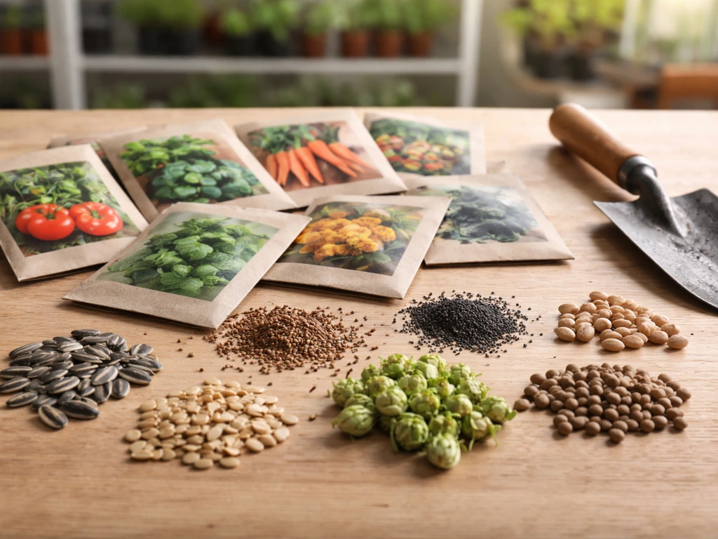 Assorted seed packets and loose seeds laid on a simple table, focusing on choosing the right seeds