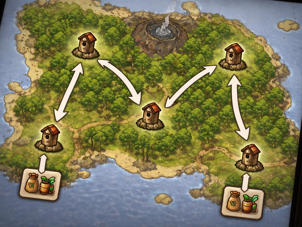 Minimal game-like view of Fossil Island birdhouses with arrows pointing to seed shops.