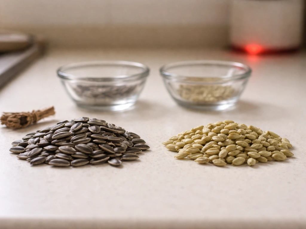 Two identical bowls side by side with different-looking seed piles on a clean counter, with a subtle warning mood.