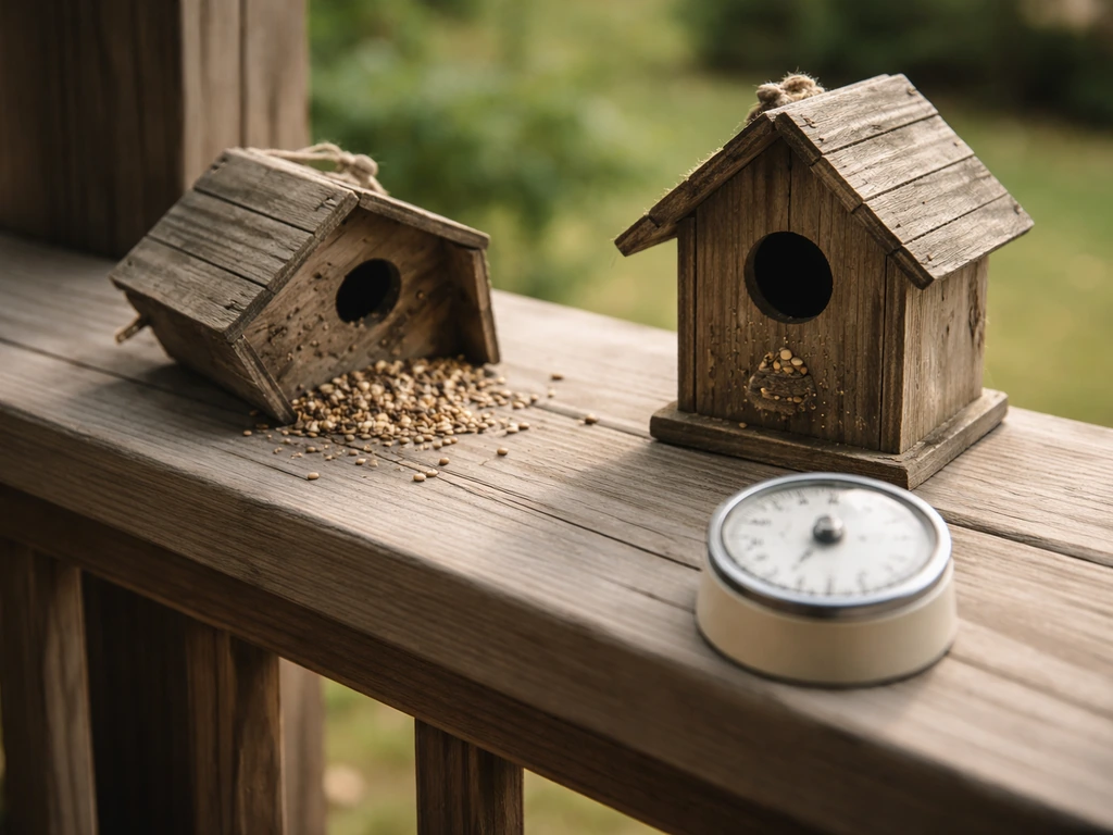 Two empty birdhouses on a porch beside a small kitchen timer, suggesting rushing vs the proper window.