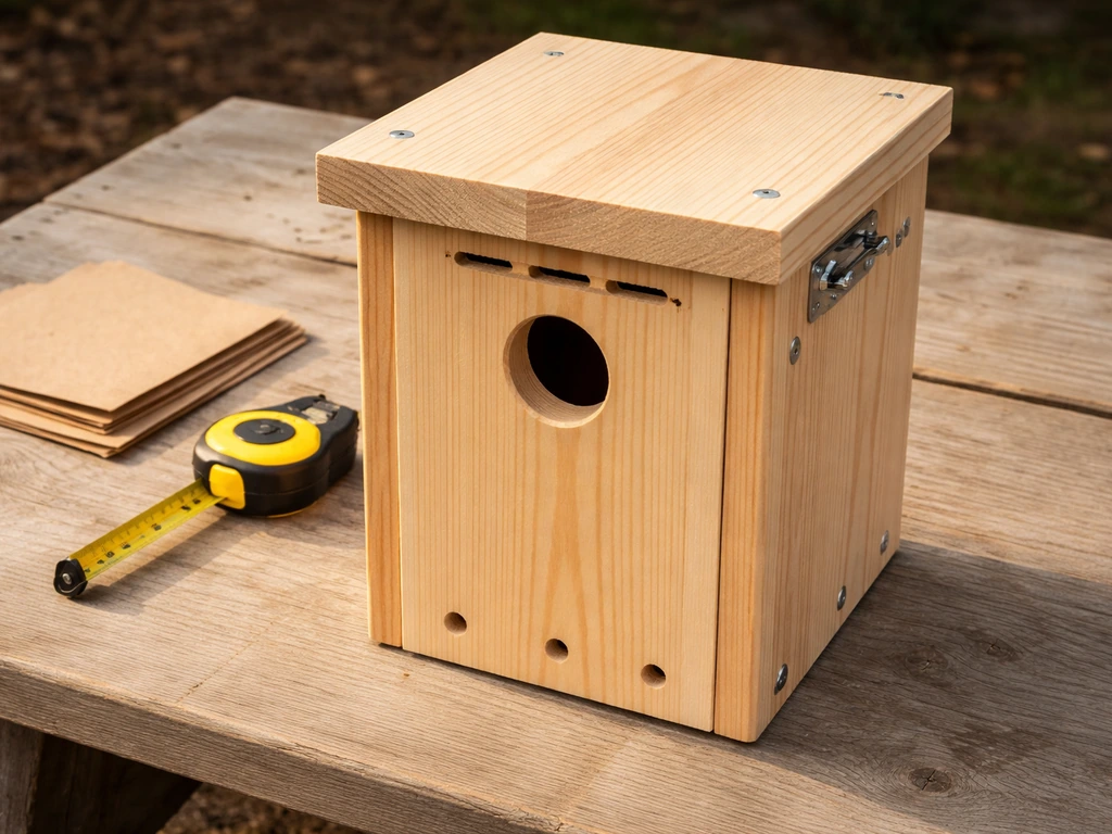 Close-up of an untreated wooden birdhouse on a workbench showing vents, drainage holes, and safe exterior seams