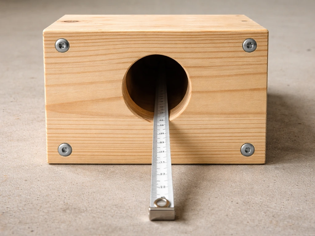 Close-up of a nest box front panel with a circular entrance hole and measuring tape showing depth.