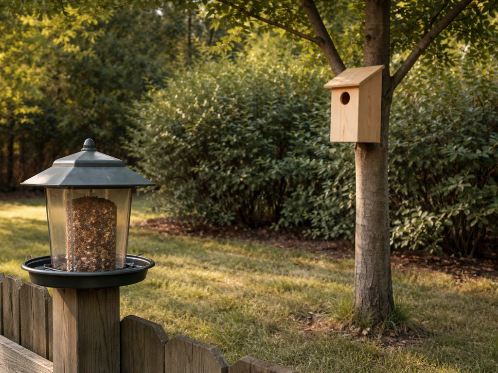 Nest box mounted on a tree with a bird feeder nearby and shrubs in the background for cover.