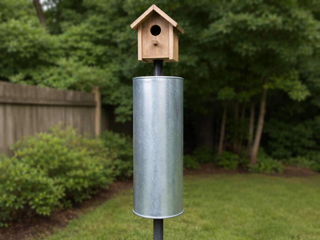 Birdhouse entrance with a stovepipe baffle around the mounting pole blocking access above and below.