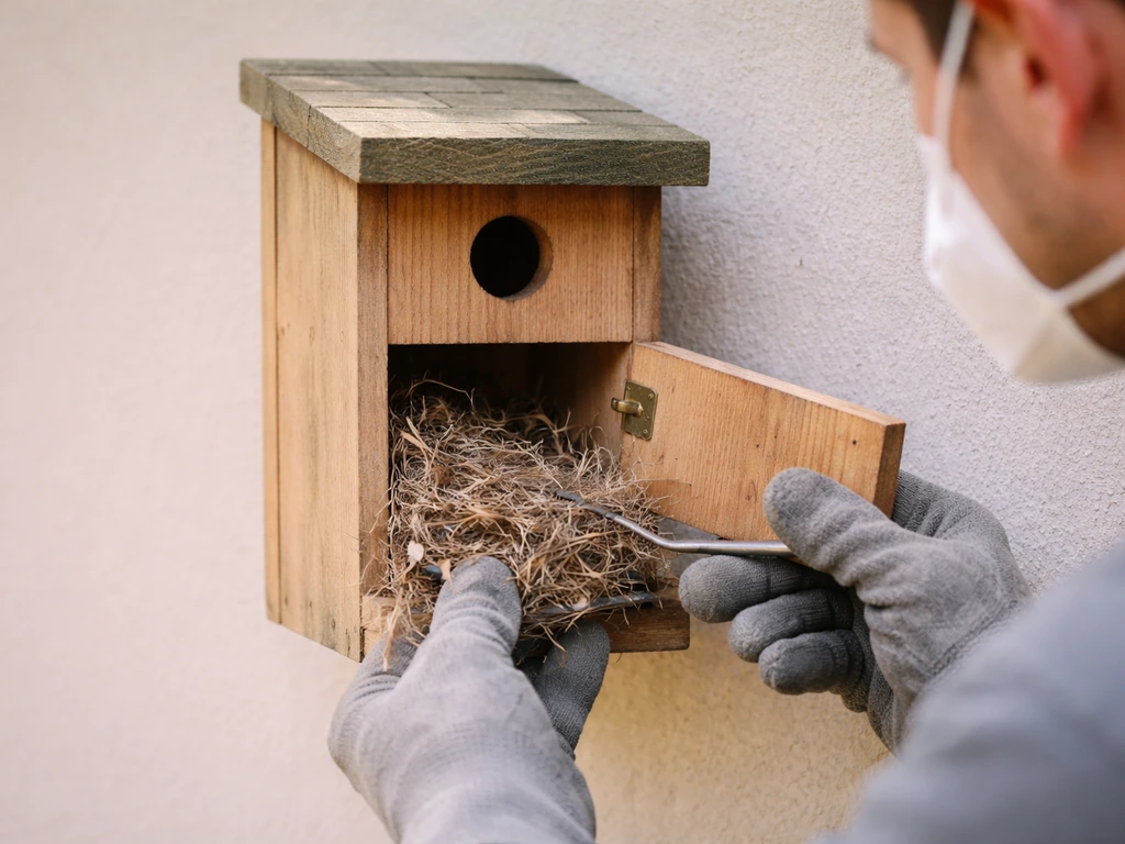 Gloved hands opening a birdhouse clean-out panel and removing old nesting material, with dust mask visible.