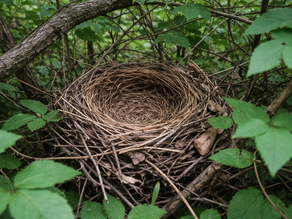 Cupped bird nest tucked in dense shrub and vines, illustrating where cardinals nest