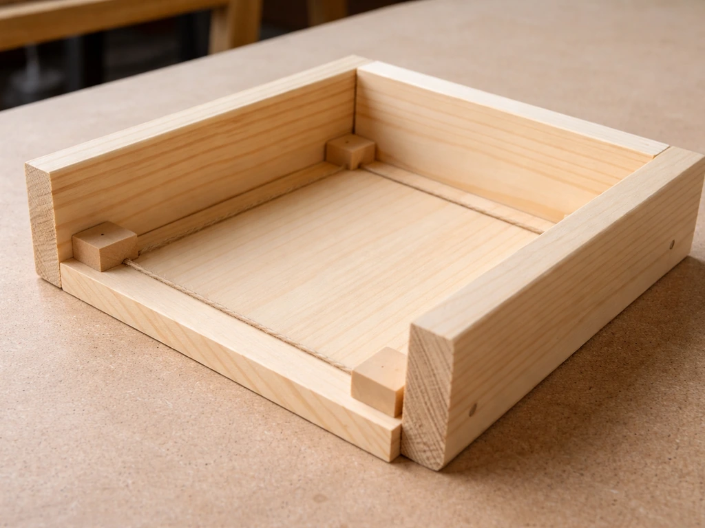 Angled close-up of an empty small wooden nesting shelf frame showing ~7x8 floor and side height.