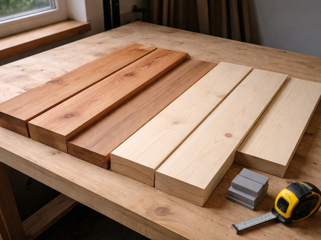 Untreated cedar and white pine boards on a workbench, showing cut edges in natural light.