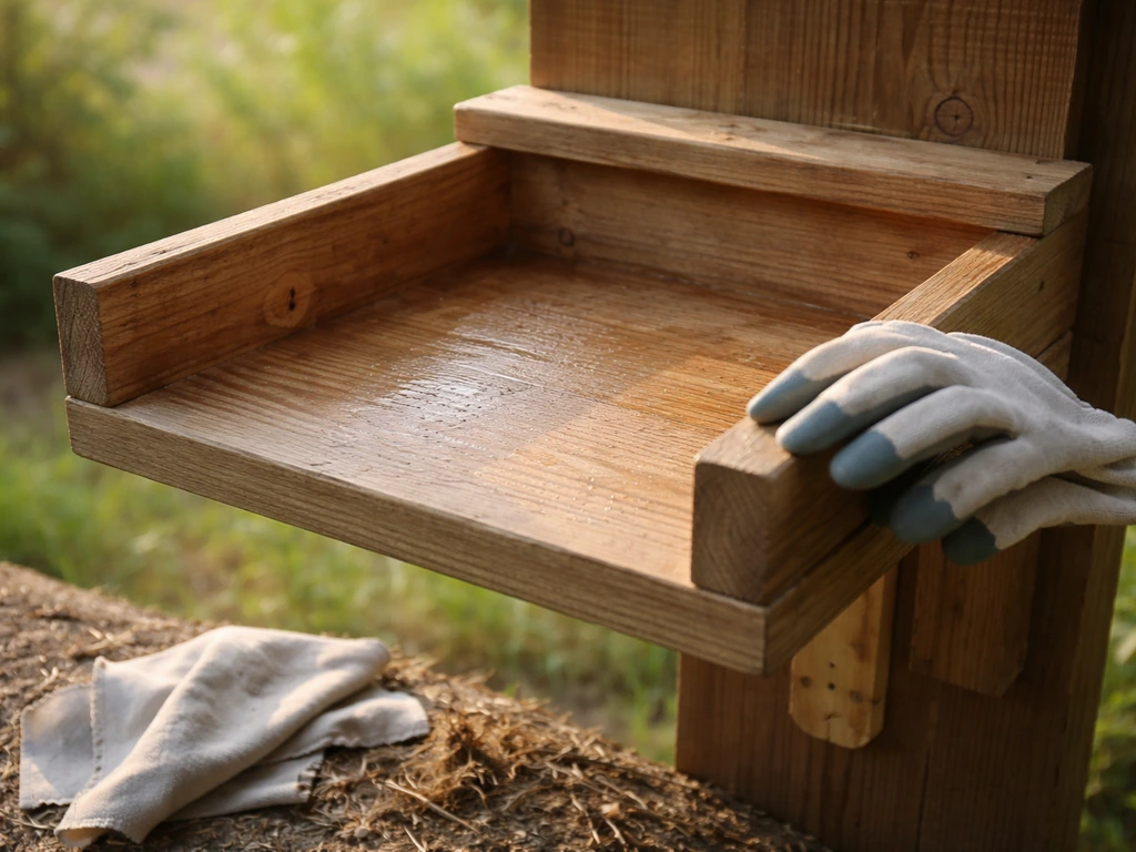 Cleaned bird nesting shelf with old nest removed, ready for spring inspection, in a quiet outdoor setting.