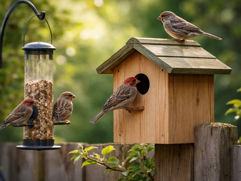 Two small finches inspecting a wooden birdhouse while others perch near a finch feeder in a backyard