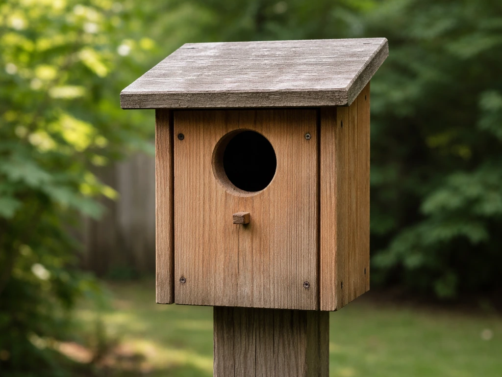 Enclosed traditional birdhouse on a wooden post with a round entrance hole and dark interior.