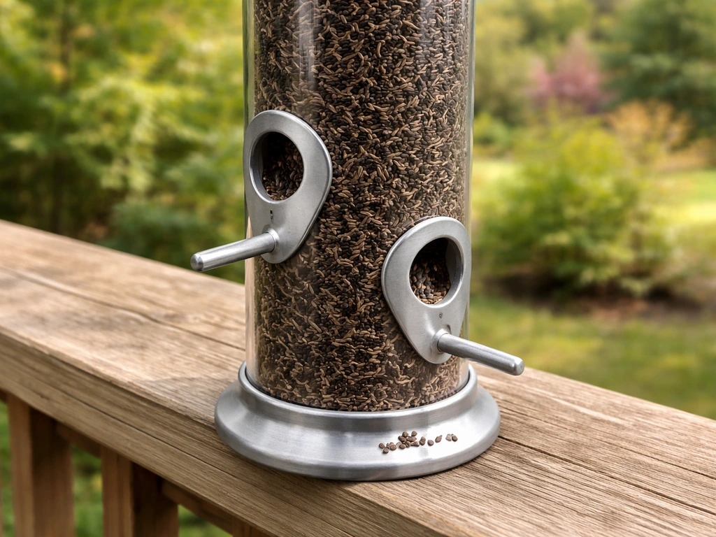 Close-up of a tube feeder filled with nyjer (thistle) seed in a quiet backyard garden.